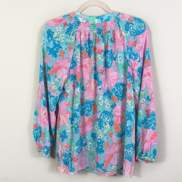 Lilly Pulitzer Elsa 100% Silk Top Blouse in Luscious Lions Surf Blue sz M - Picture 13 of 15